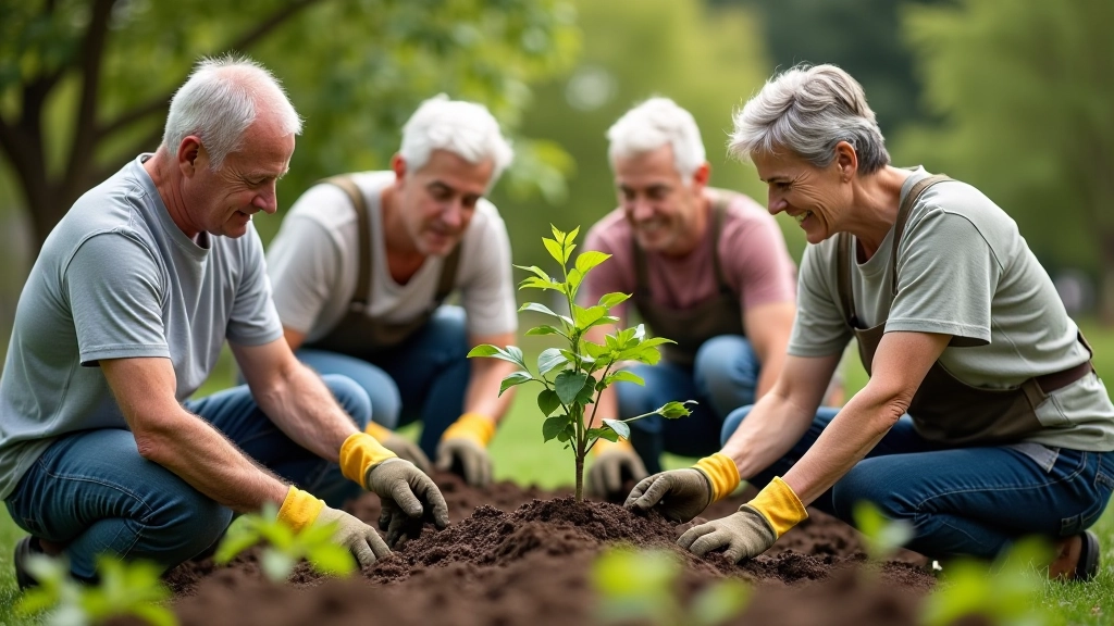 Voluntários de diferentes idades a trabalhar juntos num projeto de reflorestação comunitária