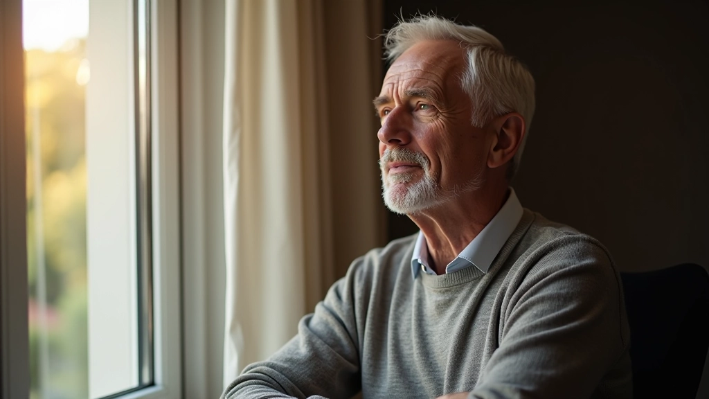 Homem de meia-idade em reflexão, sentado junto a uma janela com luz natural, pensativo