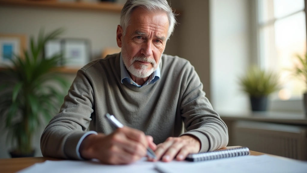 Homem a planear a semana num calendário, mesa com xícara e óculos