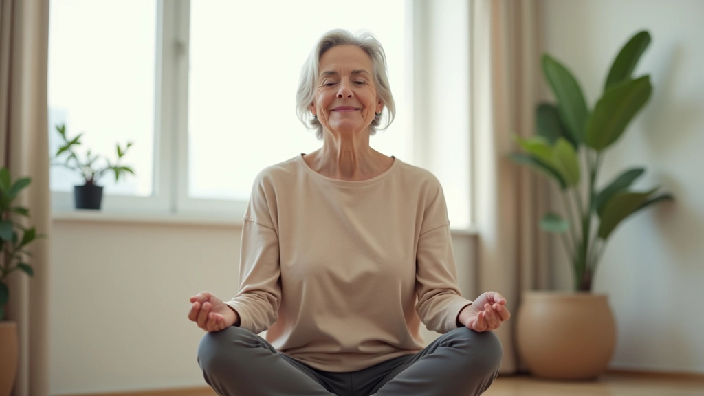 Mulher de meia-idade em posição de meditação num espaço calmo e bem iluminado