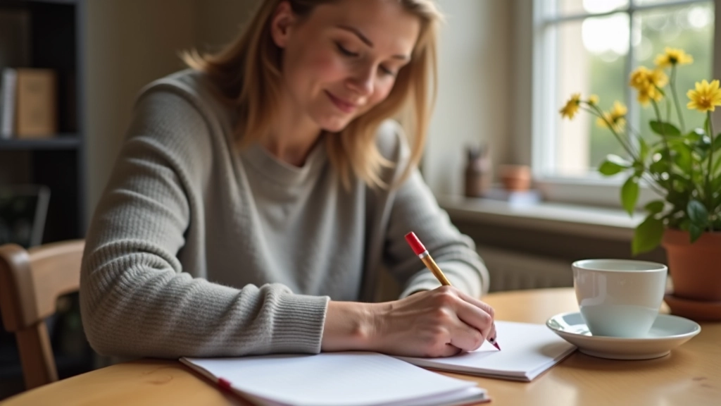 Mulher a escrever num caderno com xícara de chá, luz natural pela janela