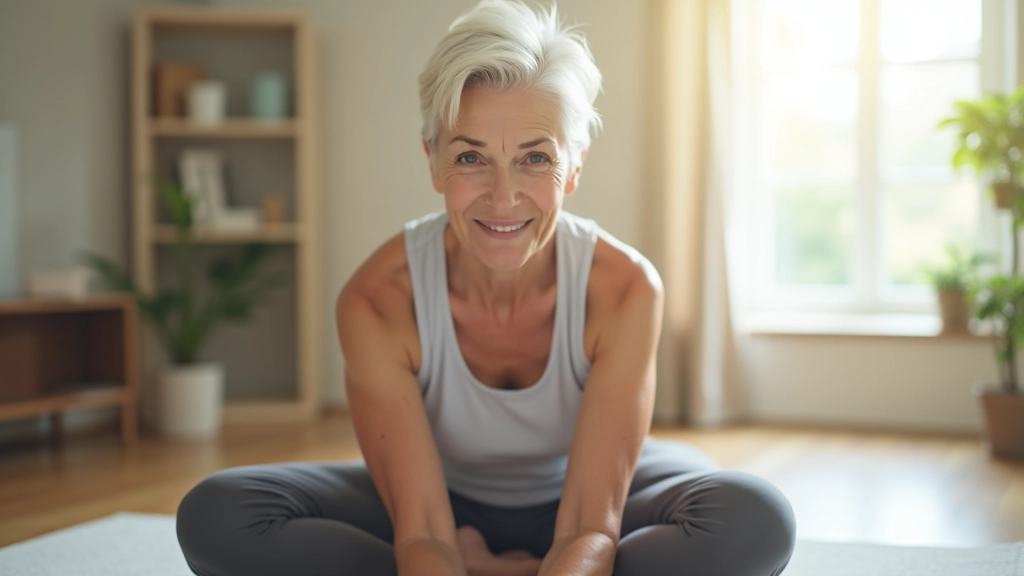 Mulher de meia-idade a fazer exercício de flexibilidade em casa, com ambiente luminoso e tranquilo